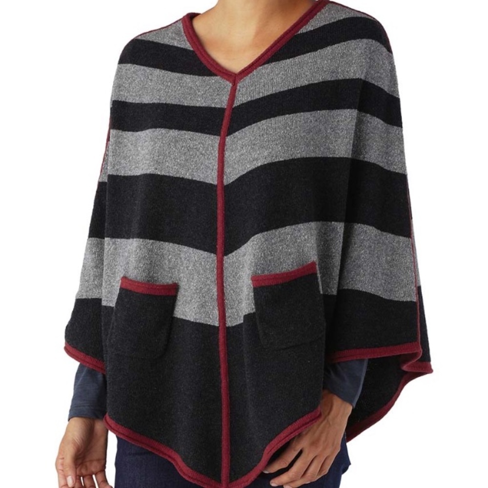 Patagonia Striped Asymmetrical Knit Poncho Wrap - Gray/Black/Red Trim